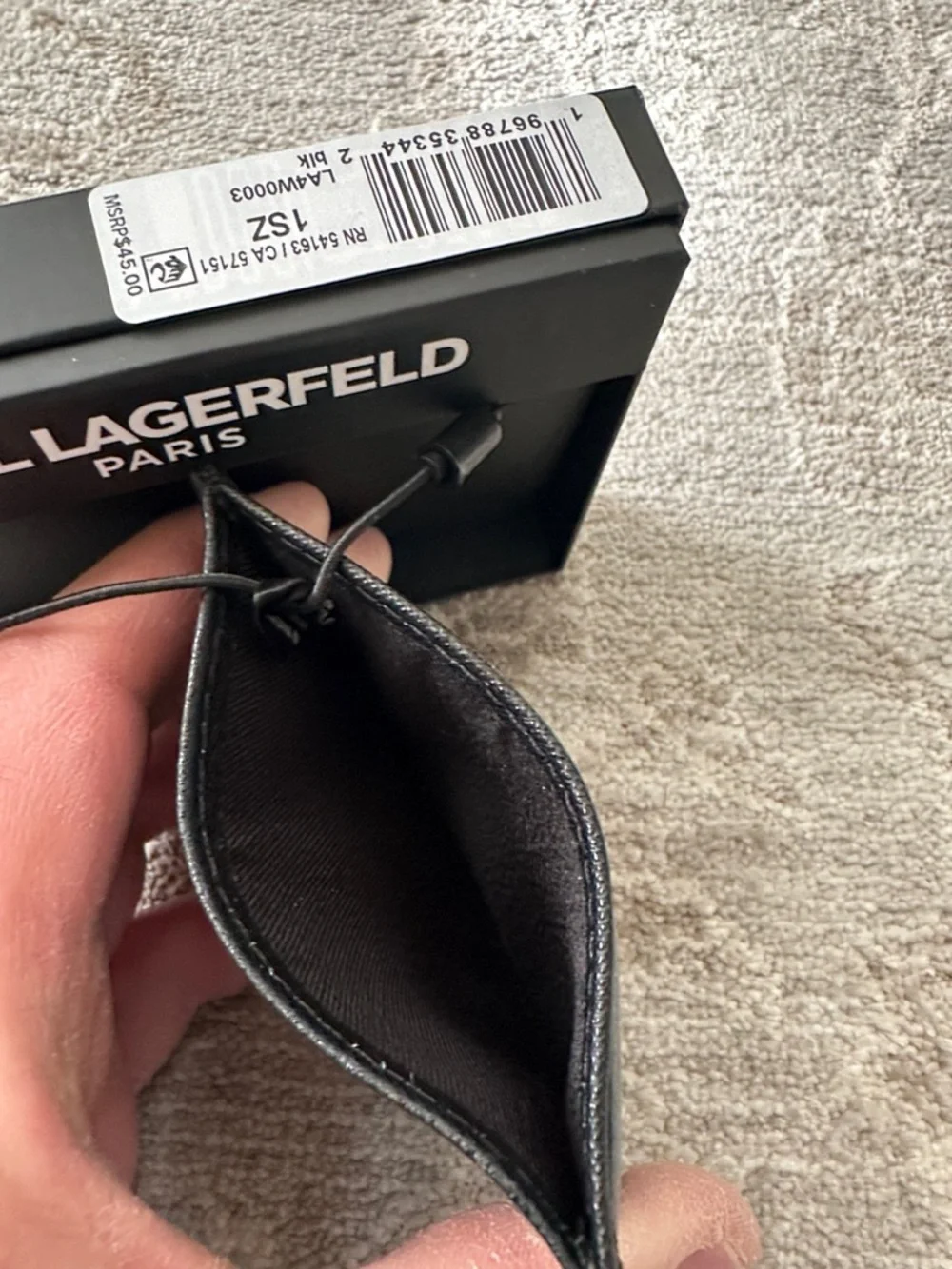 Karl Lagerfeld Black Leather Card Holder with Character Patch. NWT’s.